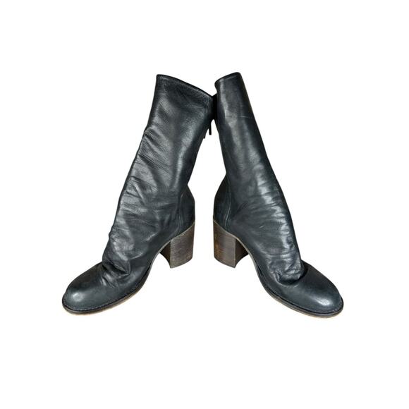 Free People Black Leather Slouch Mid Calf Boots 36 Block Heel Retro Style - Picture 5 of 12